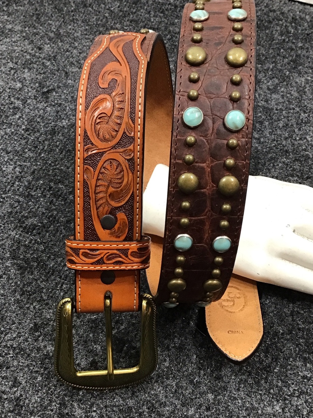 3D DDD hand tooled western leather belt unisex turquoise gold studs 36 NWOT
